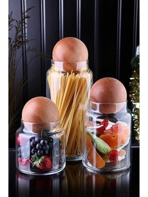 Daisy Home 3'lü Ahşap Top Kapaklı Cam Kavanoz Seti - Şekerlik, Çerezlik, Baharatlık ve Saklama Kabı