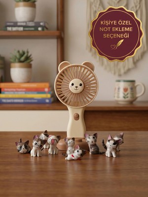 Rüya Kıyısı 9’lu Mini Kedi Figürü & Kedili Şarjlı Mini Taşınabilir El Ve Masa Fanı - Serinletici ve Sevimli Yaz Hediyesi