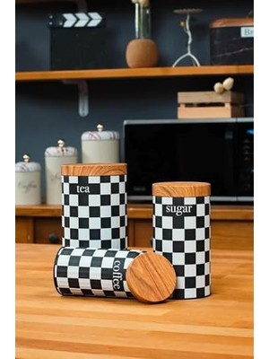 Daisy Home Ucr Home 3'lü Set Metal Çay Kahve Şeker Saklama Kavanozu - Dama Desenli