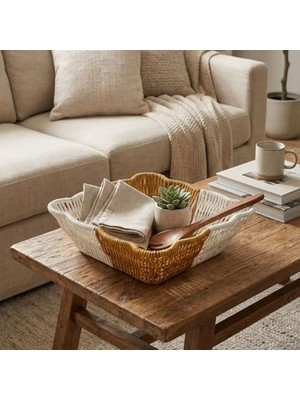 Daisy Home Buffer Kare Dalgalı Çift Renkli Plastik Rattan Sepet, Ekmek ve Meyve Sepeti, 25X25X8 Cm, Yıkanabilir, Iç Içe Geçebilen, 3 Parça