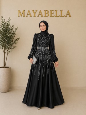 MayaBella Saten Yaprak Desenli Tesettür Abiye