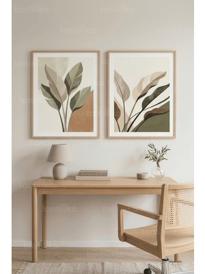Tontilika Minimalist Botanik Yaprak Desenli 2’li Ahşap Çerçeveli Tablo Seti