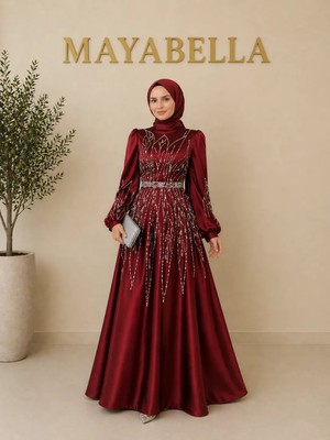 MayaBella Saten Yaprak Desenli Tesettür Abiye
