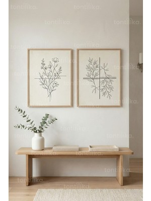 Tontilika Çizgisel Botanik Minimal 2’li Ahşap Çerçeveli Tablo Seti
