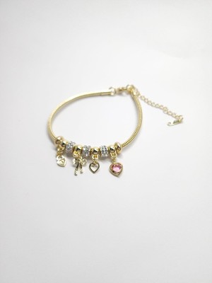 Stainless Steel Çelik Charm Pembe Kalp ve Figürlü Bileklik
