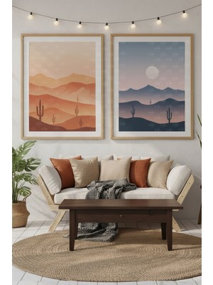 Tontilika Çöl Manzarası 2’li Ahşap Çerçeveli Tablo Seti - Doğa ve Minimalist Dekor