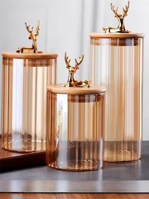 Daisy Home Yenigeldi (9X10 Cm) 1 Adet Kehribar Renk Cam ve Altın Renk Geyikli Bambu Kapaklı Saklama Kavanozu Y-481,KEHRIBAR