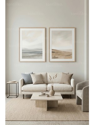 Tontilika Doğal Tonlarda Modern Sakin Soyut Peyzaj 2’li Ahşap Çerçeveli Tablo Seti