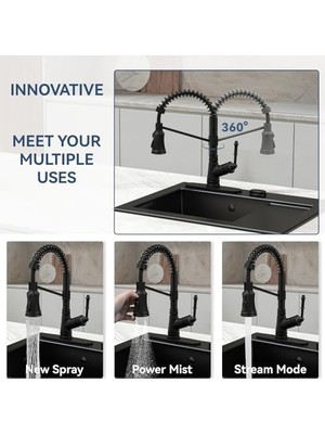 Daisy Home Aşağı Çekmeli Püskürtücülü Tek Seviyeli Mutfak Lavabo Bataryası, Tek Saplı Çekmeli Mutfak Bataryası, Mat Siyah