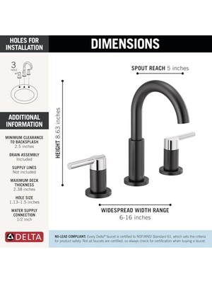 Daisy Home Nicoli Yaygın Banyo Bataryası 3 Delikli, Siyah/krom Banyo Bataryası, Banyo Lavabo Bataryası, Tahliye Montajı, Mat Siyah/krom 35749LF-CS