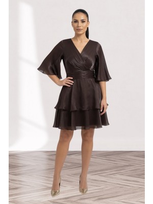 Zishan Fashion Siyah Şifon Volanlı Mini Elbise | Kat Kat Fırfırlı Kruvaze Yaka Dökümlü Şifon Elbise 2757