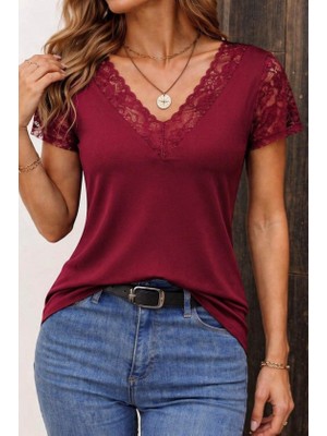 Modenya Kadın Kısa Kollu V Yakalı Dantelli Viskon Bluz