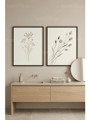 Tontilika Doğal Botanik Zarafet Temalı Soyut Çiçek ve Bitki Desenli 2’li Ahşap Çerçeveli Tablo Seti