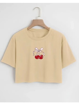 Punix Kids Punıx Kıds Özel Tasarım Ter Tutmayan Kurdele Kiraz Baskılı Yazlık Kız Çocuk Crop T-Shırt
