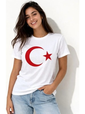 Modenya T-Shirt Kısa Kol Bisiklet Yaka Ay Yıldız Bayrak Baskılı Tişört - Beyaz