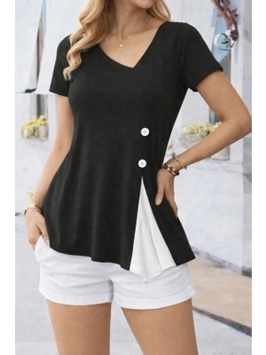 Uslucan Alışveriş Kadın Kısa Kollu Asimetrik V Yakalı Düğme Detaylı Viskon Bluz
