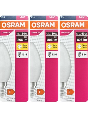 Avarson (3 Adet) Ledvance 7,5W Sarı Işık (2700K) E14 Duylu (Ince Duy) LED Ampul