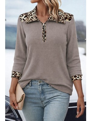 Modenya Kadın Uzun Kollu Leopar Yakalı Fermuarlı Waffle Bluz