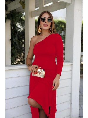 Modenya Kadın Uzun Kollu Tek Omuz Detay Krep Elbise