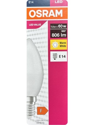 Avarson (1 Adet) Ledvance 7,5W Sarı Işık (2700K) E14 Duylu (Ince Duy) LED Ampul