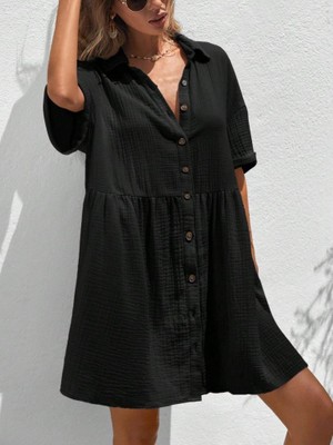 Modenya Kadın Kısa Kollu Yakalı Önden Düğmeli Kısa Bürümcük Elbise