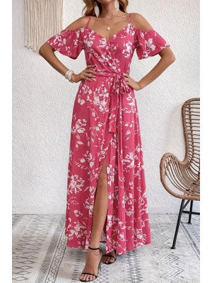 Modenya Kadın Ip Askılı Kısa Kollu Kruvaze Yakalı Yırtmaçlı Desenli Süprem Elbise