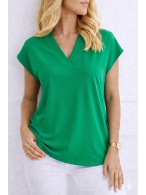 Mç Plus Kadın V Yaka Kısa Kol Dokuma Viskon Kumaş Bluz