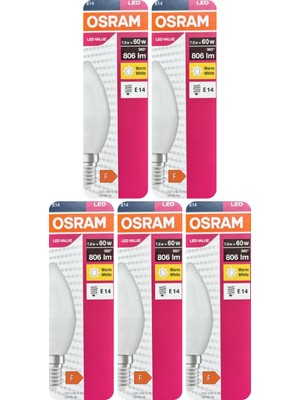 Avarson (5 Adet) Ledvance 7,5W Sarı Işık (2700K) E14 Duylu (Ince Duy) LED Ampul