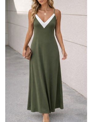 Modenya Kadın Ip Askılı Keskin V Yakalı Uzun Viskon Elbise