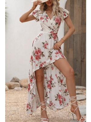 Modenya Kadın Kısa Kollu Kruvaze Yakalı Önü Asimetrik Detaylı Uzun Çiçek Desenli Süprem Elbise