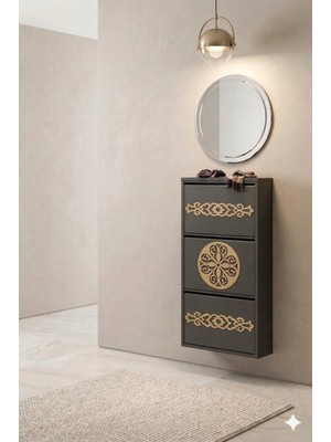 Tomkar 3'lü Antrasit Çember Gümüş Desenli Metal Ayakkabılık-Kilitli