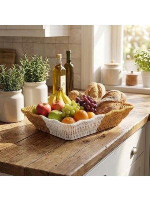 Daisy Home Buffer Dikdörtgen Çift Renkli Plastik Rattan Sepet, Ekmek ve Meyve Sepeti, Çok Amaçlı Banyo ve Mutfak Düzenleyici, 28X22X7 Cm, 3 Parça