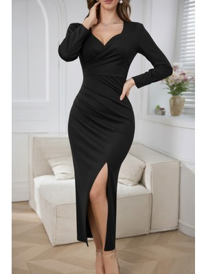 Modenya Kadın Uzun Kollu Kalp Yakalı Asimetrik Kesim Detaylı Ithal Krep Uzun Elbise