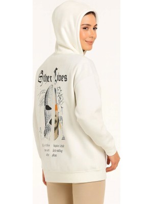 Modenya Üç Iplik Kapşonlu Ön ve Arka Baskılı Sweatshirt Hoodie- Beyaz