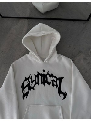 Modenya Kışlık Kapşonlu Baskılı Oversize Sweatshirt- Beyaz