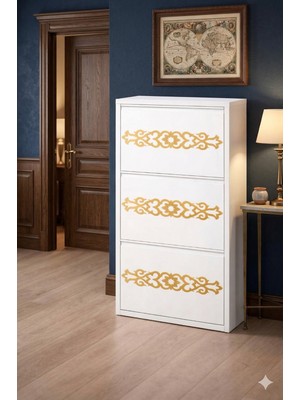 Tomkar  3'lü Beyaz Gold Desenli Metal Ayakkabılık-Kilitli