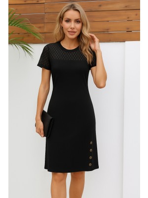 Modenya Kadın Kısa Kollu Bisiklet Yaka Dantel Detaylı Düğmeli Modal Elbise