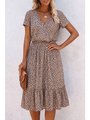 Modenya Kadın Kısa Kollu V Yakalı Beli Lastikli Midi Süprem Elbise