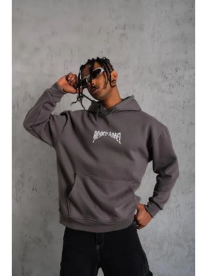 Modenya Erkek Kordon Ipli Baskılı Kapüşonlu Sweatshirt - Füme