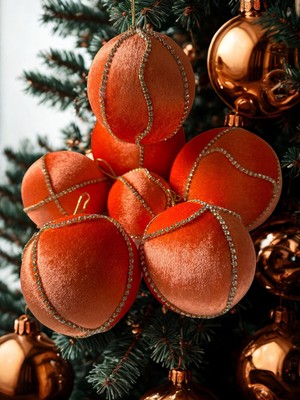 Haze Design Lab Turuncu Kadife Çam Ağacı Süsü - 8 cm Taşlı Yılbaşı Ağaçı Topu