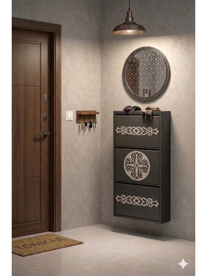 Tomkar  3'lü Antrasit Gümüş Desenli Metal Ayakkabılık-Kilitli