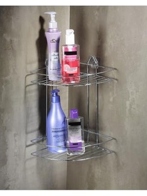 Cekar Store Krom 2 Katlı Yapışkanlı Banyo Köşeliği Düzenleyici Şampuanlık Duş Rafı Ek-02