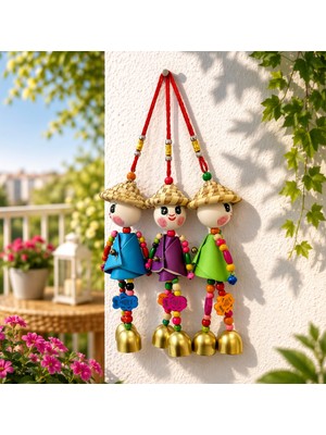 Rüzgar Çanı Renkli Boncuklu Şapkalı Bebek Rüzgar Çanı Balkon Süsü 3'lü Set