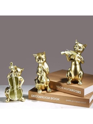 Cekar Store Dekoratif Üçlü Müzisyen Kedi Biblo Masa Süsü Ev Dekor Altın