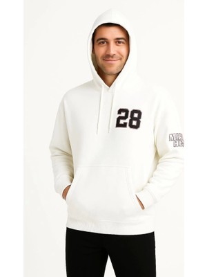 Modenya Üç Iplik Kapüşonlu Ön ve Arka Baskılı Sweatshirt Hoodie - Beyaz