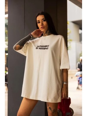Modenya Unisex Bisiklet Yaka Baskılı Oversize T-Shirt - Beyaz