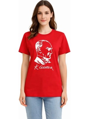 Modenya Atatürk Baskılı Tişört Kısa Kollu Bisiklet Yaka  T-Shirt - Kırmızı
