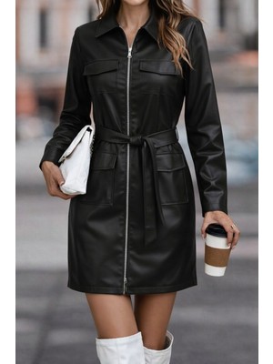 Modenya Kadın Uzun Kollu Yakalı Cepli Önü Fermuarlı Mini Deri Elbise