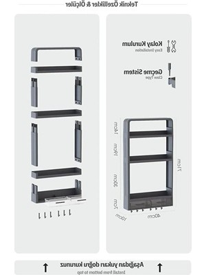 Cekar Store Premium Yapışkanlı Duvar Rafı Organizer, Banyo Mutfak Rafı, 70X40X10 Cm, Çekmeceli, Kancalı, Suya Dayanıklı, Delme Gerektirmez