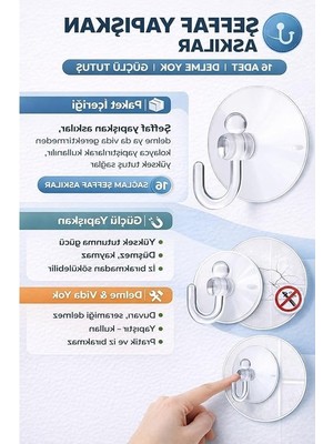 Cekar Store 16’lı Şeffaf Kancalı Küçük Vantuz Seti, Güçlü Yapışkanlı Duvar Askısı, Su Geçirmez, Çivisiz Montaj Kanca, Banyo ve Mutfak Için Iz Bırakmaz, Dayanıklı, Kolay Kullanım